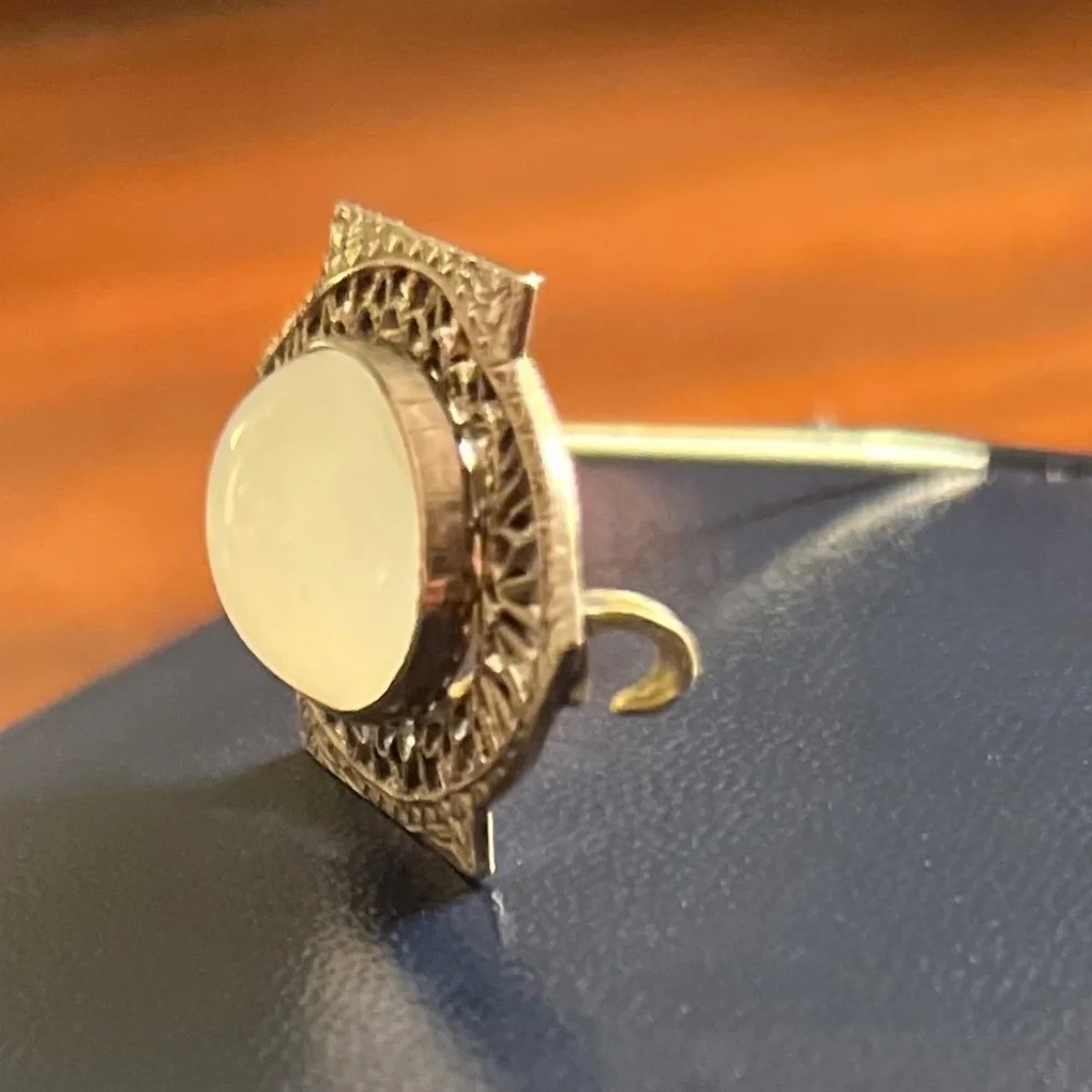 Antique Edwardian Sterling Silver Opaline Glass Brooch Pin 1900-1915